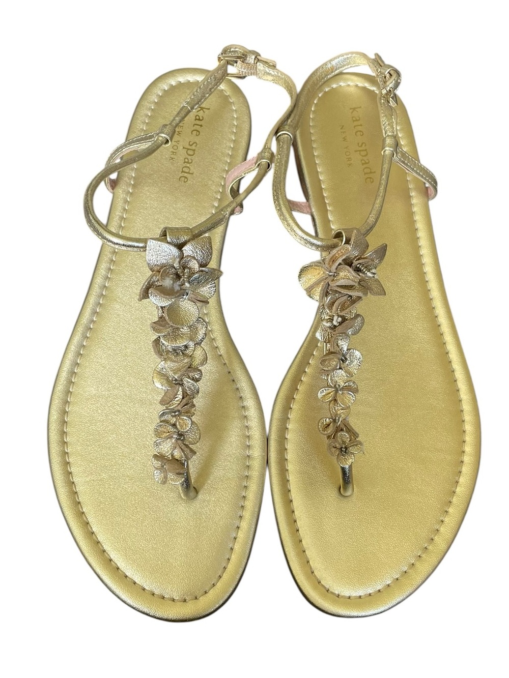 Kate Spade Rosalie Metallic Gold Floral T-Strap Sandals